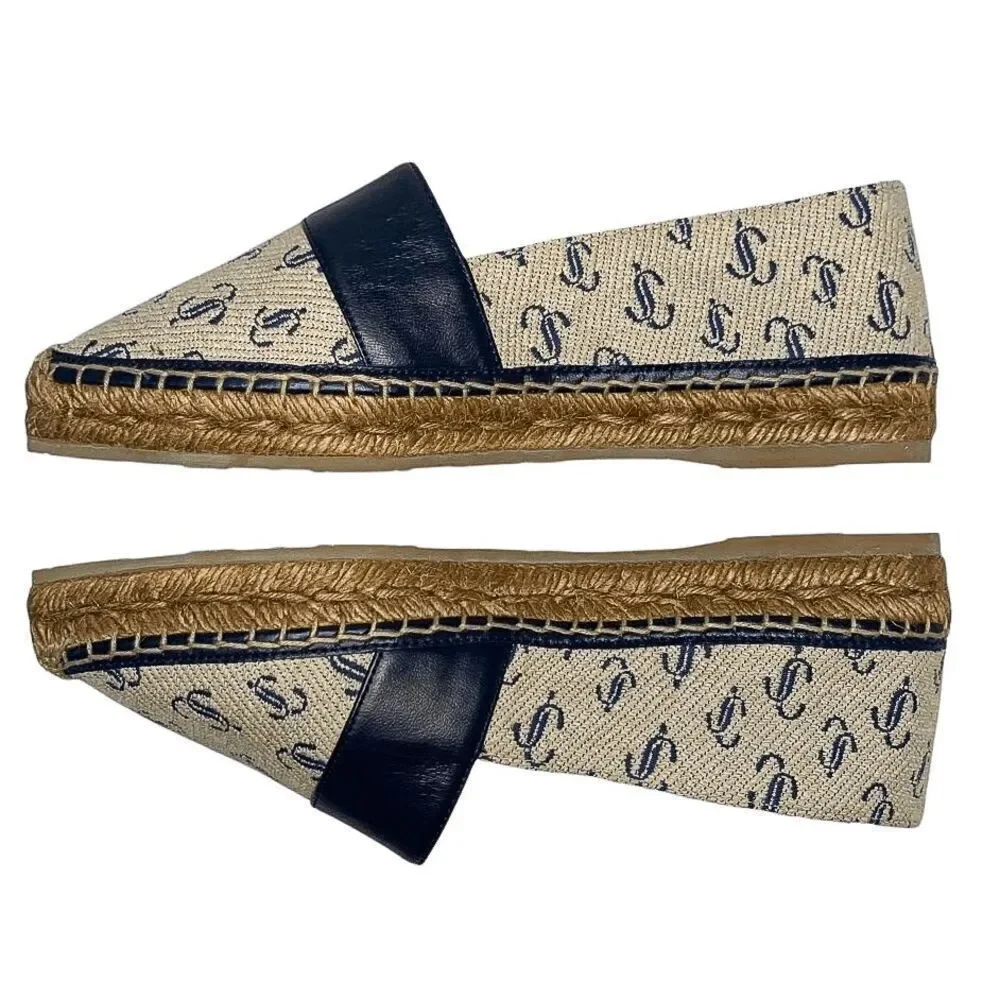 Jimmy Choo Dru Logo-Print Espadrilles EU 36.5 Monogram Canvas/Leather Flats